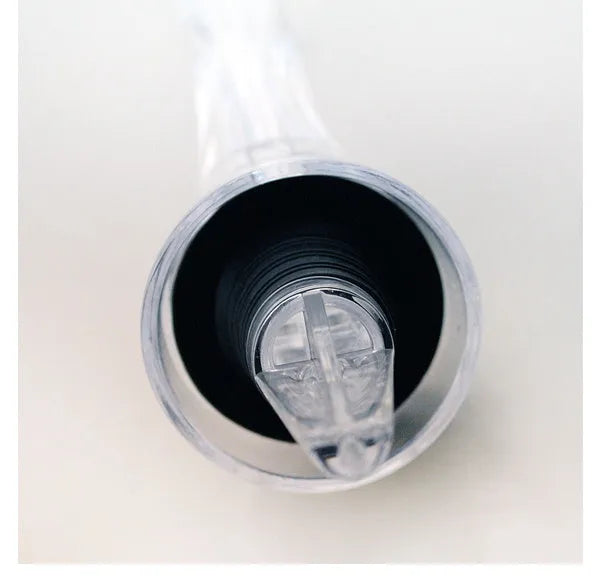 A clear acrylic wine aerator with a stainless steel filter, measuring 16cm long.