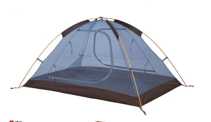 Double aluminum pole rainproof camping tent in green, set up in a field with quick-open design and 110cm height