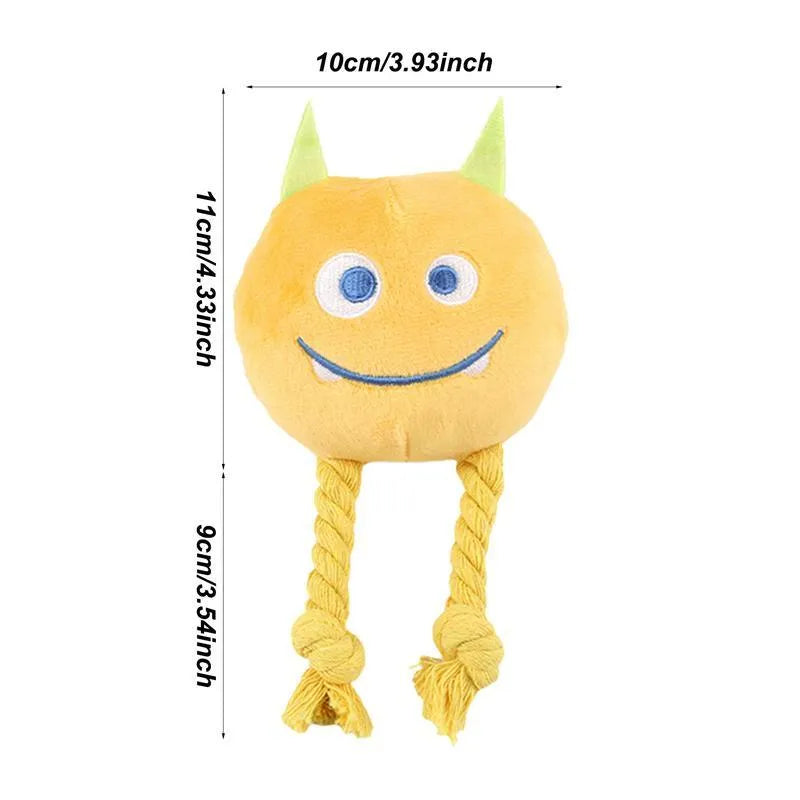 Blue and yellow cartoon character dog squeaky toy with strong knot rope design