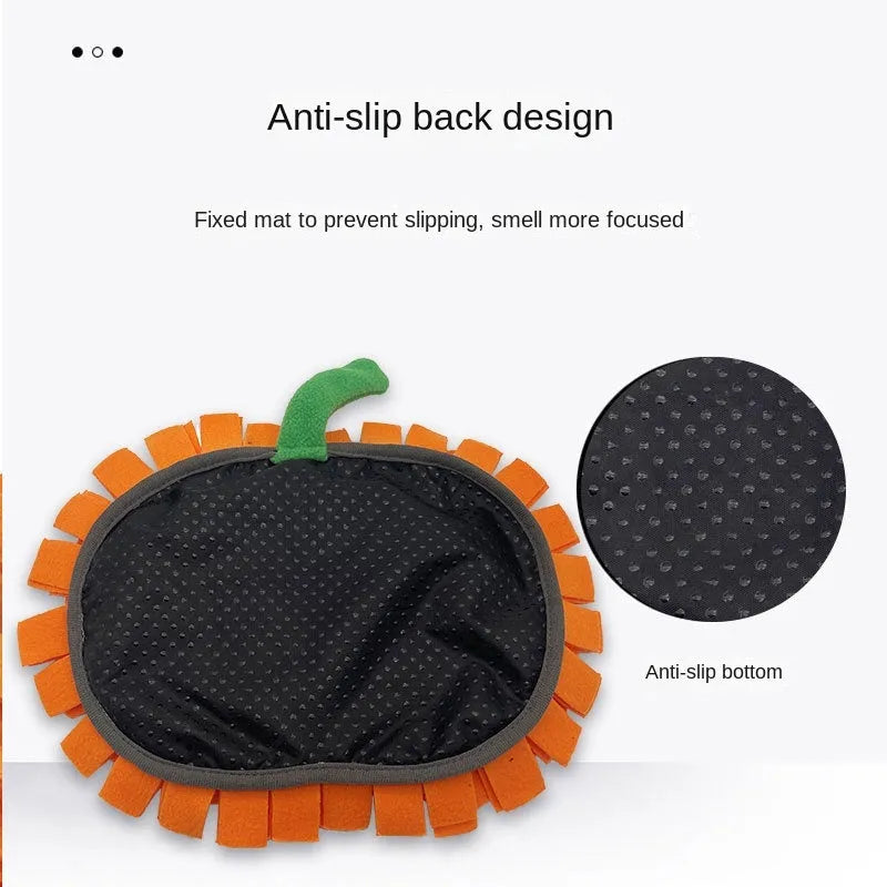 Orange pumpkin-shaped dog snuffle mat with textured surface for slow feeding and scent work training.