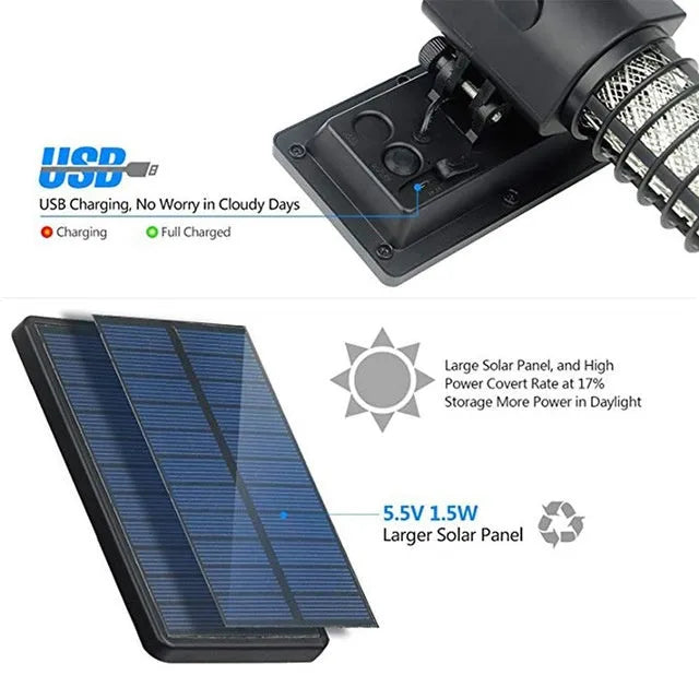 Black outdoor solar rechargeable UV mosquito killer lamp with IP65 waterproof rating and 2000mAh battery