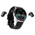 Black X7 smart watch with TWS Bluetooth earphones on wrist, showing 1.32-inch HD touch screen and zinc-aluminium alloy case.