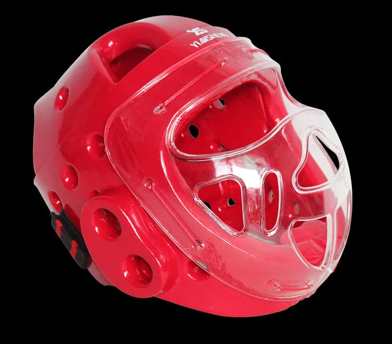 Karate helmet for boxing training in white, blue, or red colours with size options S, M, L, XL