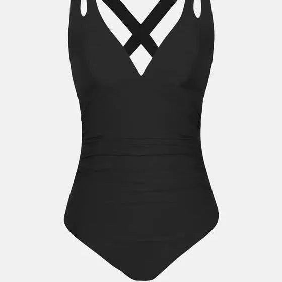 Solid colour one-piece swimsuit with triangle top and cross back shoulder straps