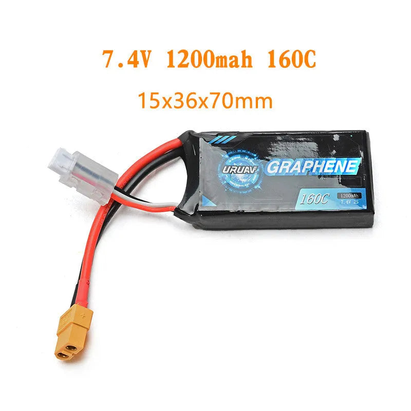 Black 7.4V 1200mAh lithium battery for RC model cars and ships.