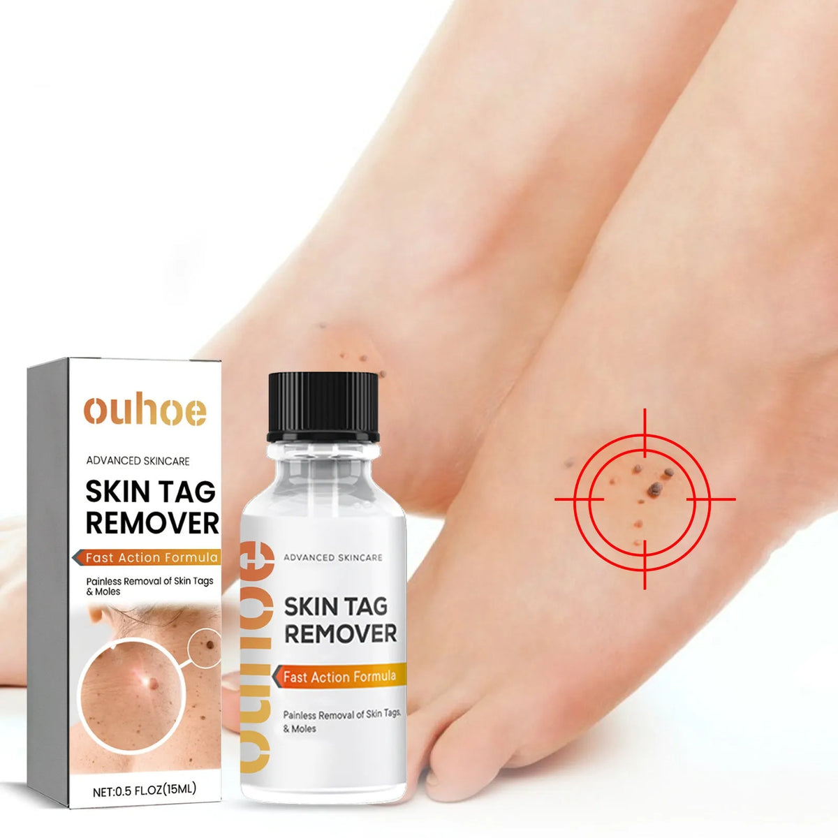 15ml skin care solution in a 2.5 x 2.5 x 7cm plastic bottle for cleansing skin and fading moles