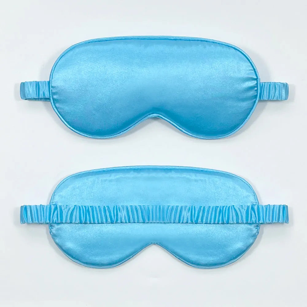Double-sided silk-like eyeshade in rayon elastic satin shown in multiple colour options including black, beige, and wine red