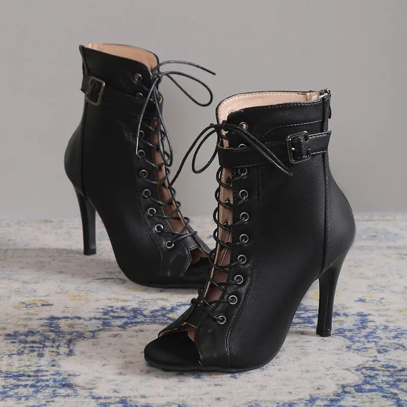 Black women's peep toe high heel pumps with back zipper and lace-up buckle detail