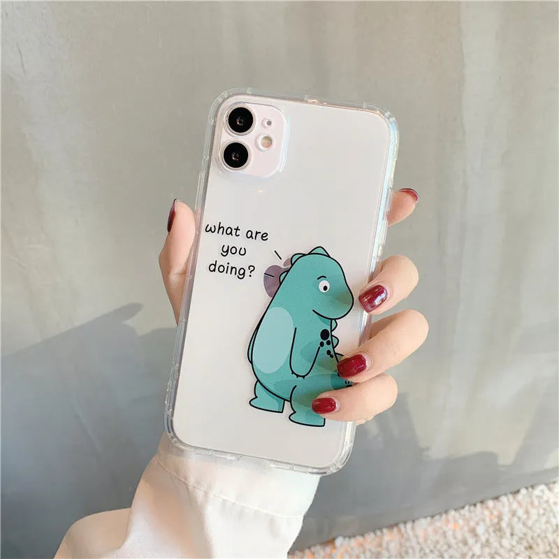 Transparent iPhone case with dinosaur design showing airbag anti-fall protection