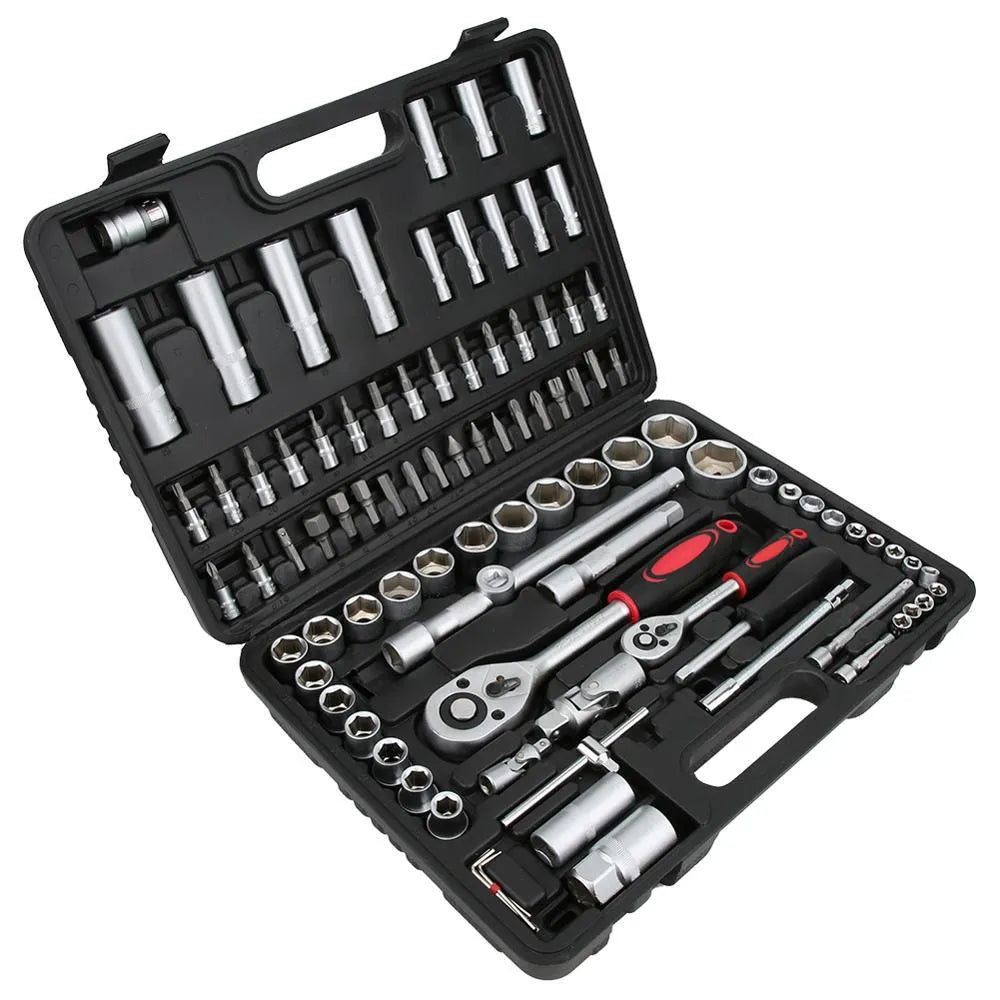 94-piece chrome vanadium steel metric socket set in black storage case