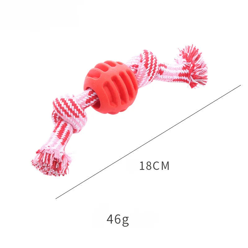 Blue soft dog chew toy with integrated rope for dental care and oral health.