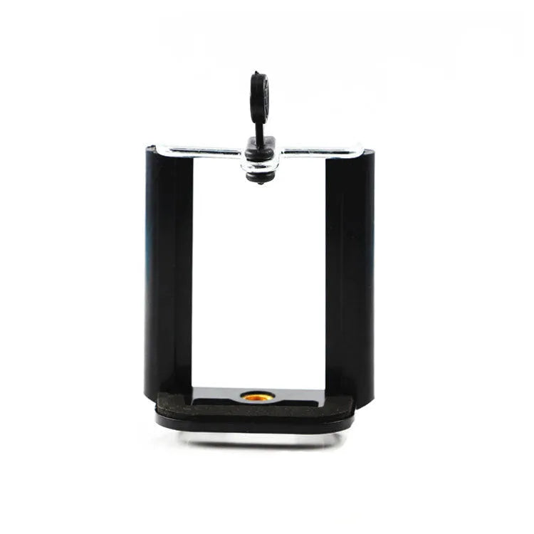 Black plastic U-shaped mobile phone clip holder for mounting on a hose.