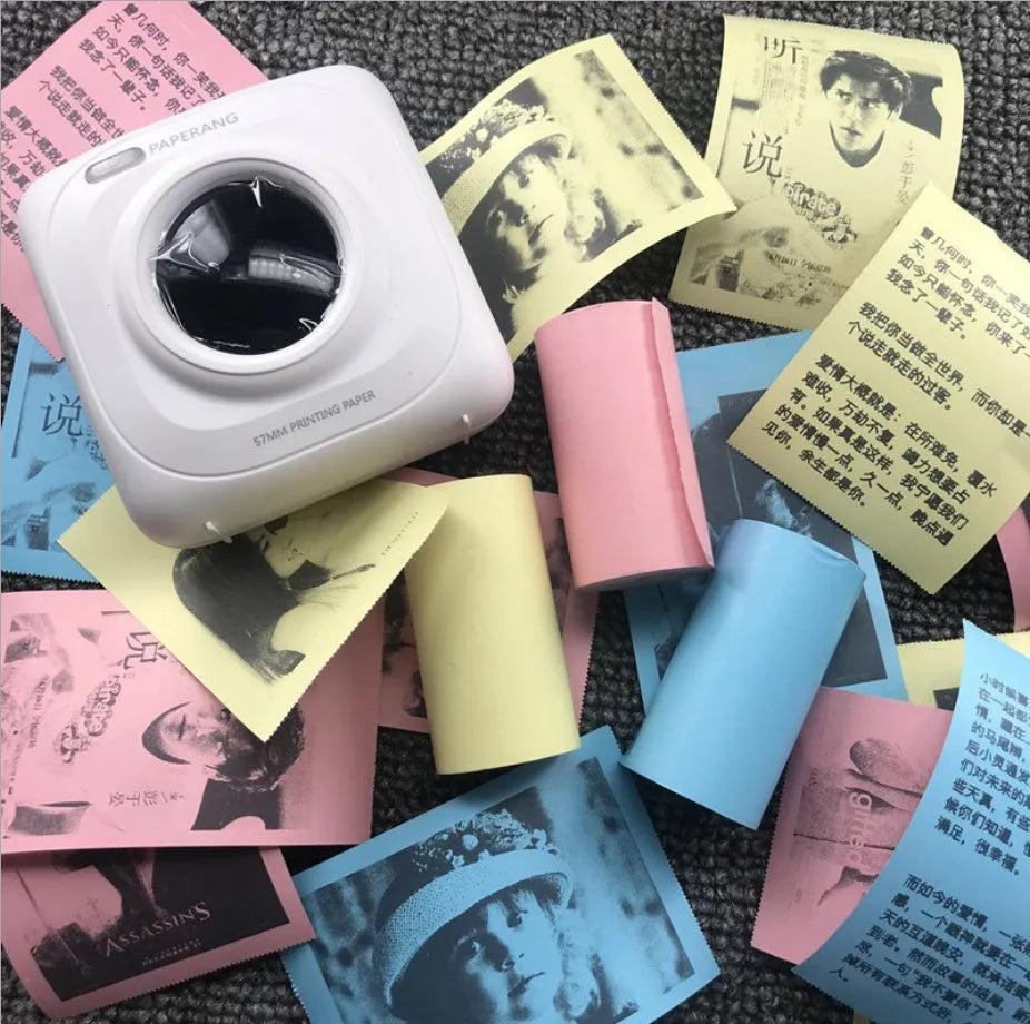 PerPage mini thermal printer paper rolls in regular, sticker, and label types with blue, pink, white, violet, and yellow options