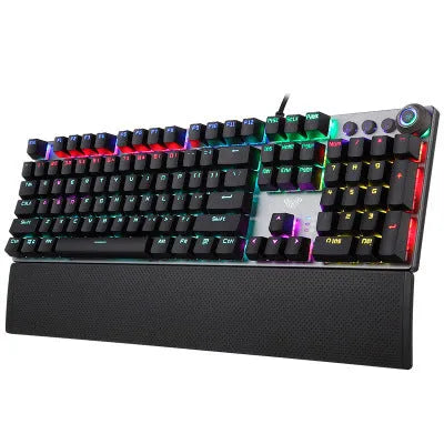 F2088 wired USB mechanical keyboard in black and cyan blue with hand rest on desk