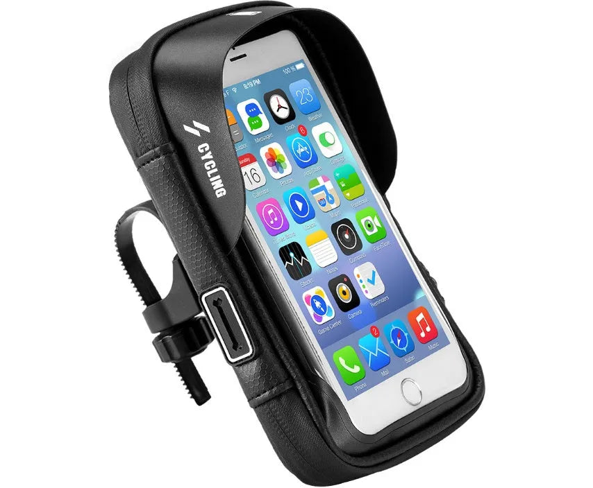 Black waterproof bicycle handlebar bag with transparent touch screen window on bike handlebars