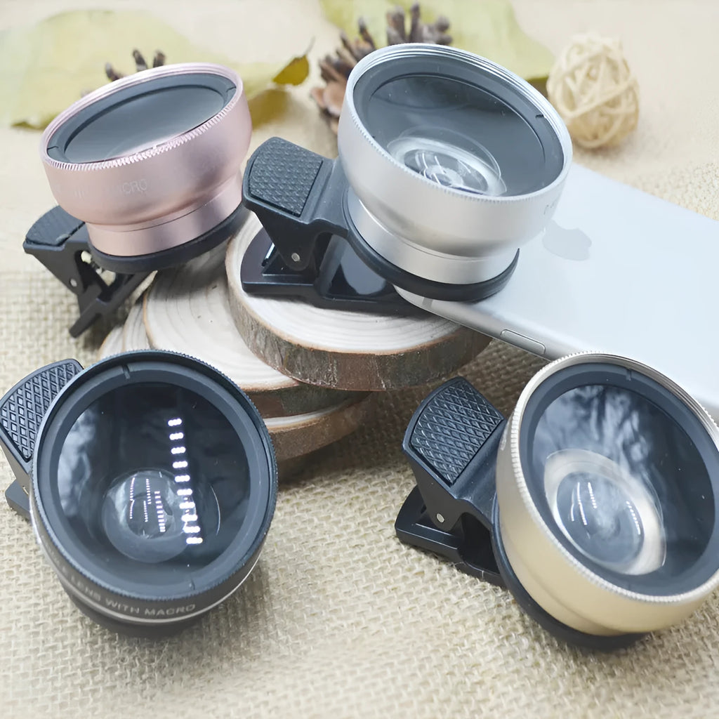 0.45X wide angle smartphone lens kit with macro attachment and universal clip mount in metallic finish