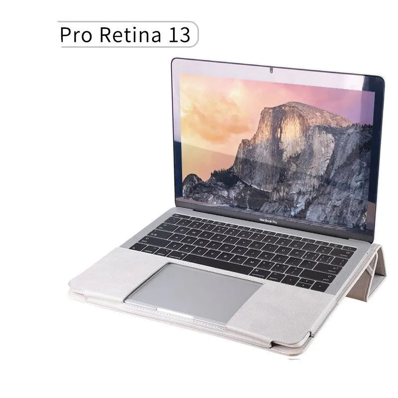 Imitation leather laptop sleeve for 13.3-inch MacBook Pro in brown, shown on a desk