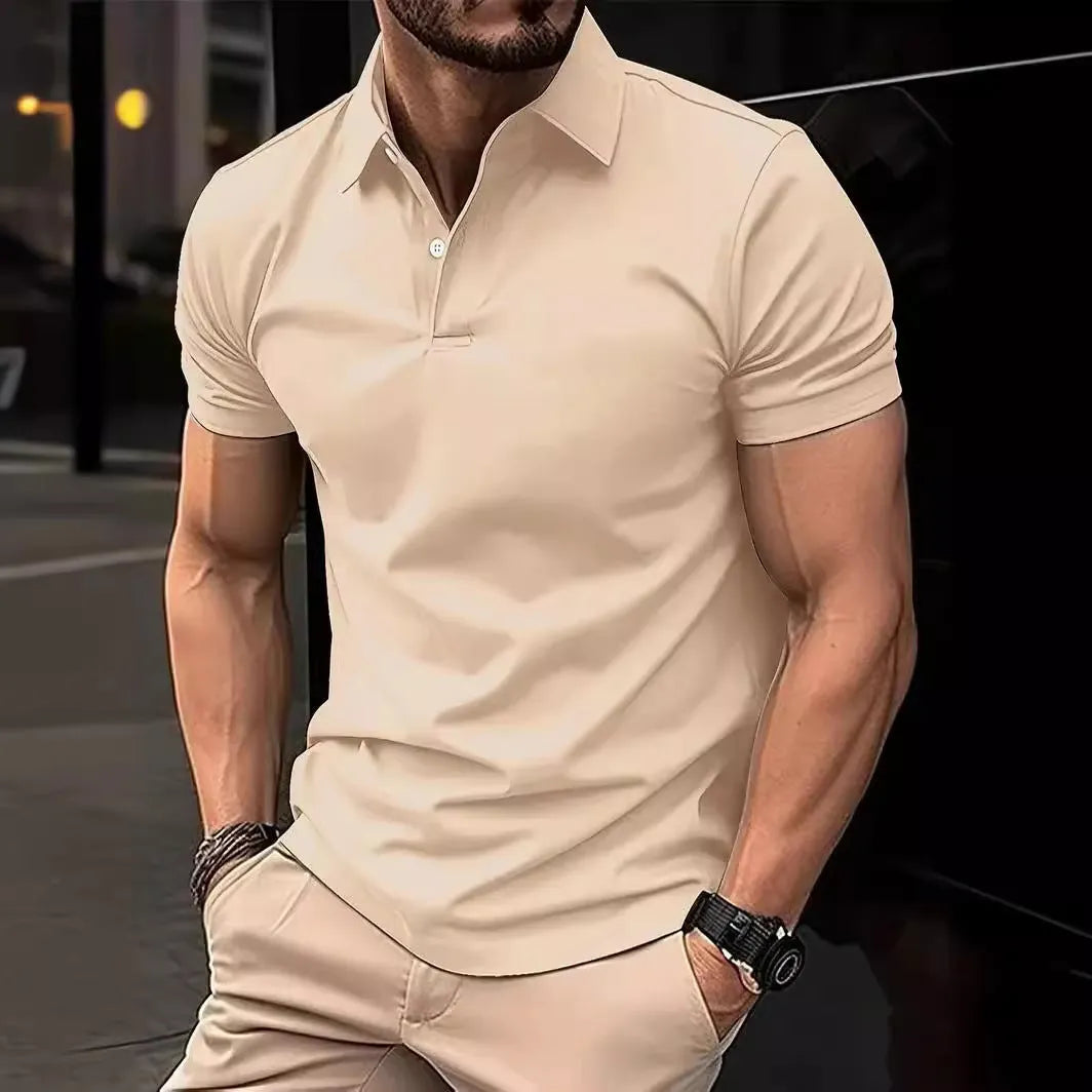 Men's slim-fit solid colour short sleeve button-up shirt on a hanger.