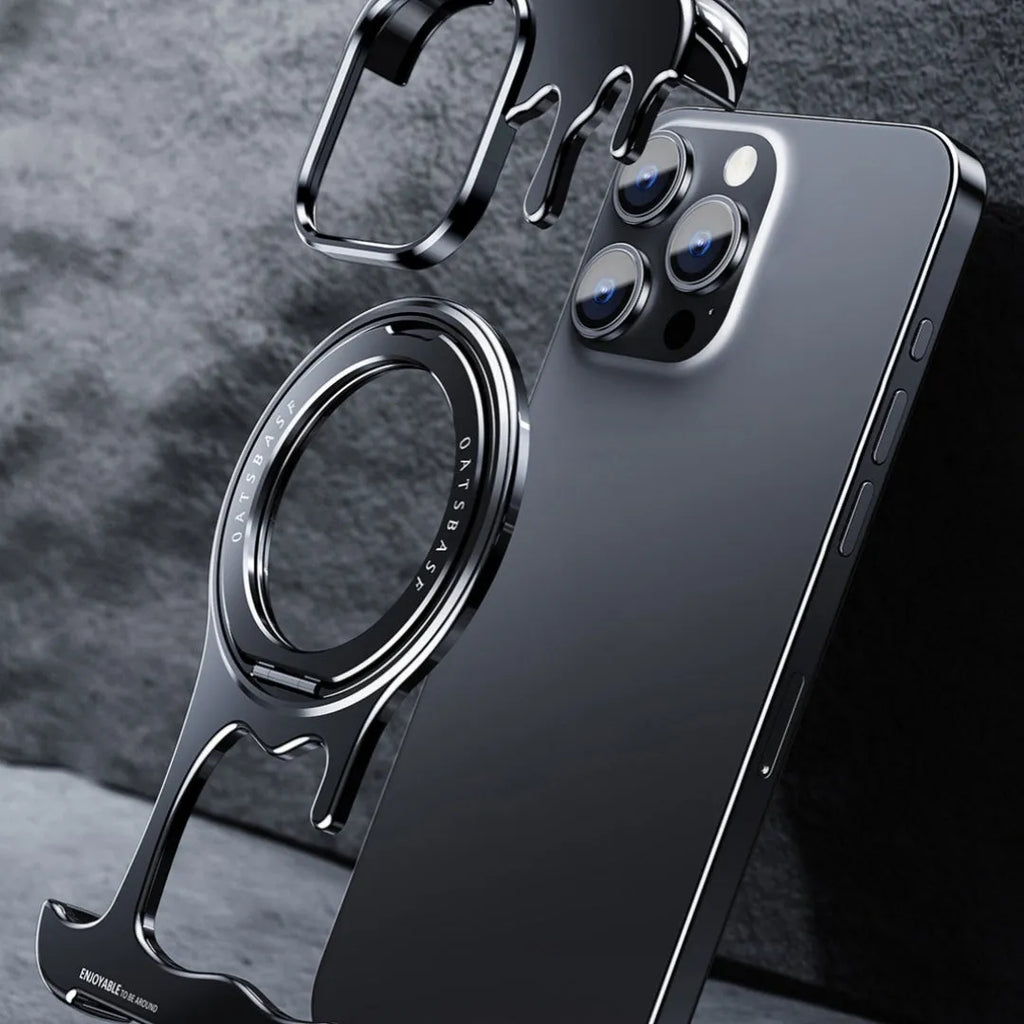 Liquid metal frameless phone case with rotating bracket for iPhone, gentleman's black colour, metal hollow design