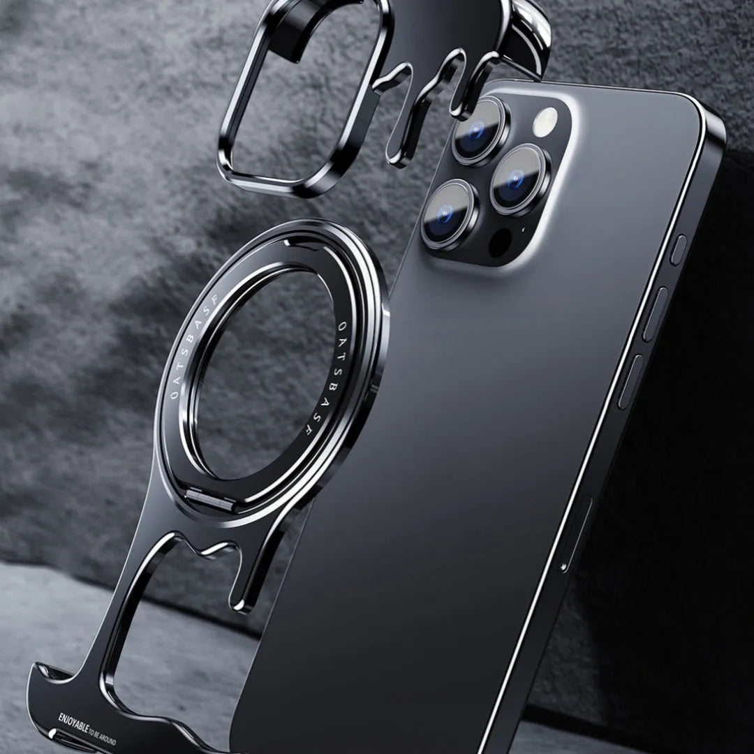 Liquid metal frameless phone case with rotating bracket for iPhone, gentleman's black colour, metal hollow design