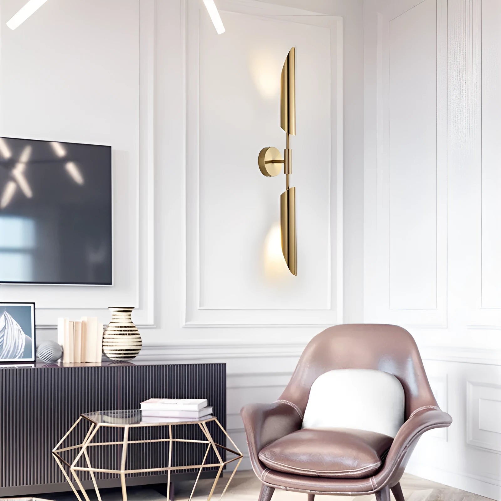 Modern minimalist bedside lamp with glass shade and iron body, warm light