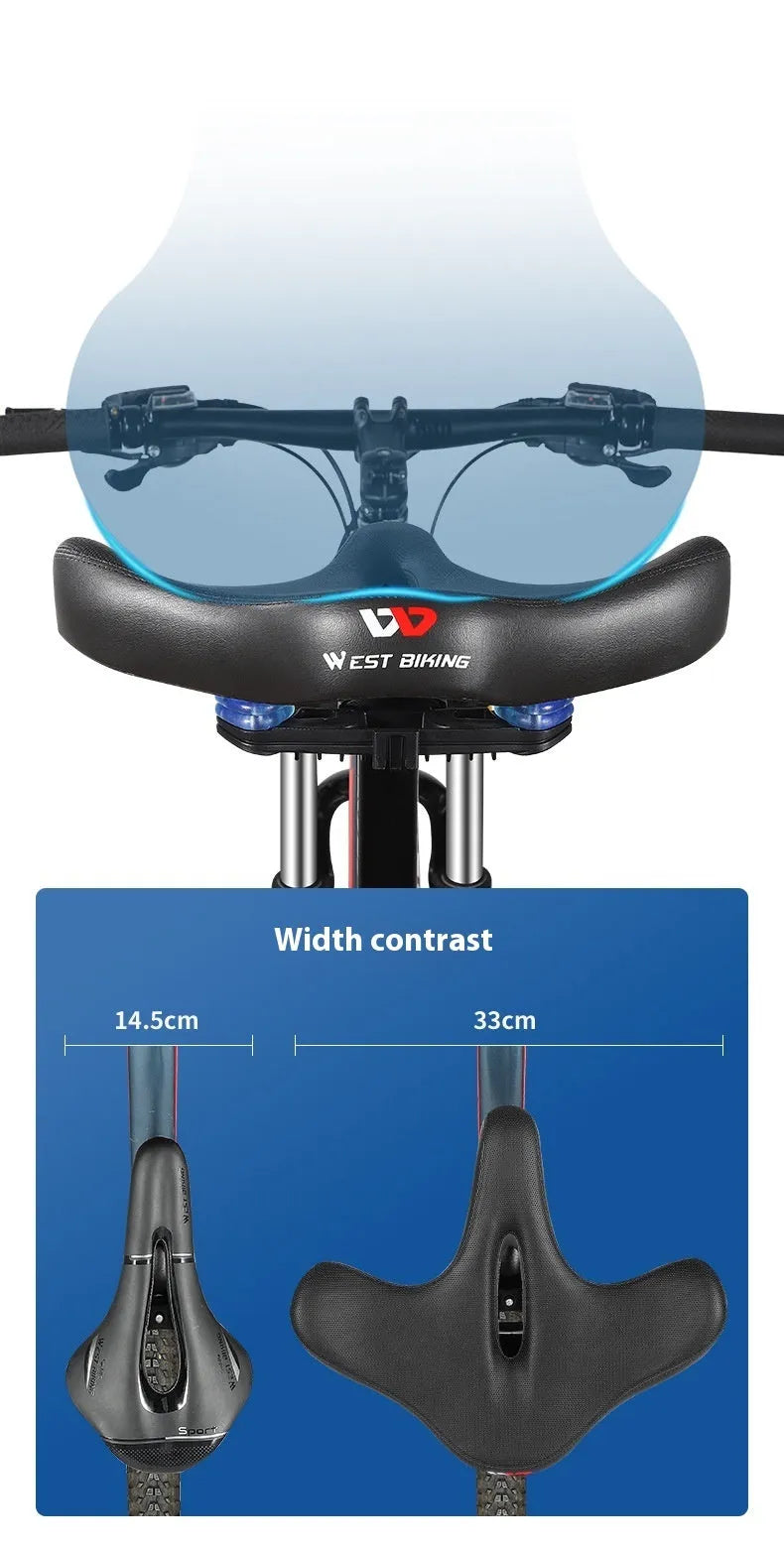 Black thick foam bicycle seat cushion on a mountain bike saddle.