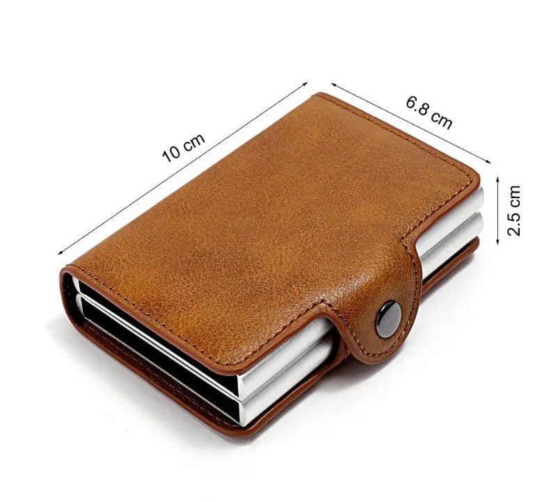 Aluminum PU wallet with 14 card slots in Crazy Horse leather finish, available in claret coffee royal blue black and brown