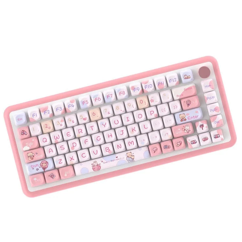 Sweet Cotton Candy coloured PBT keycap set for mechanical keyboards, showing 112-key and 120-key box options.