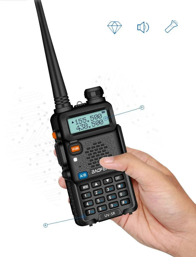 Baofeng UV5R black portable dual band walkie talkie with antenna, battery, charger, earpiece and clip