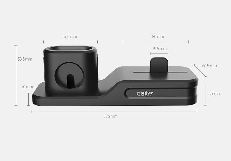 Black silicone 3-in-1 wireless charging station for Apple Watch, AirPods and iPhone on a desk