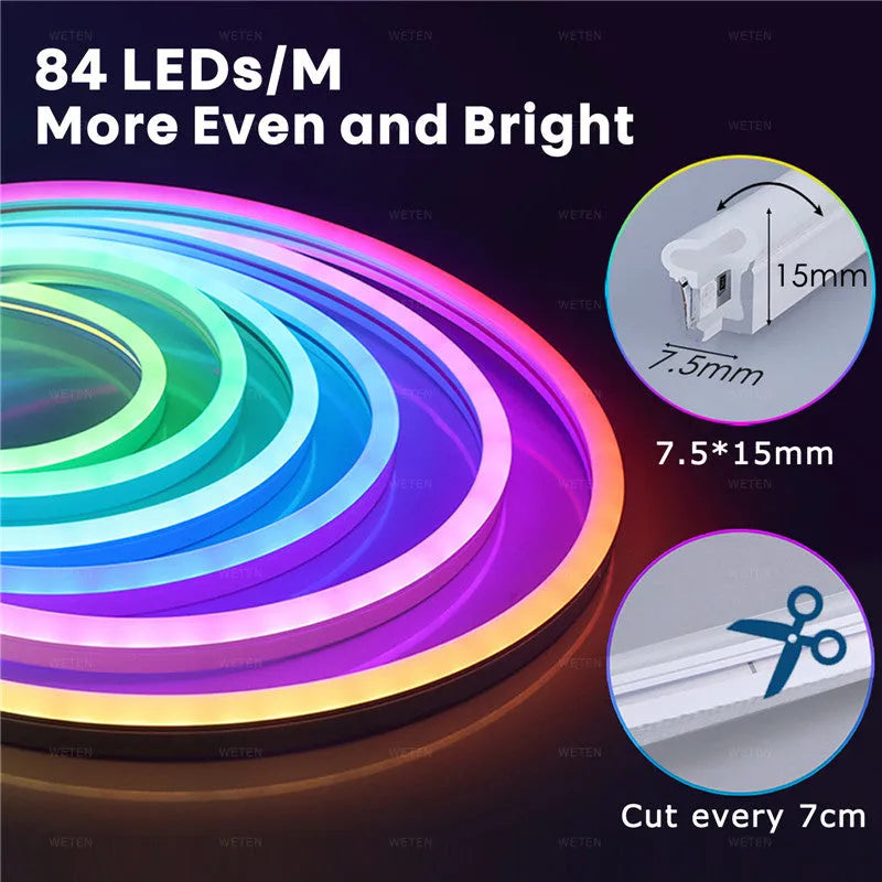 12V flexible LED neon light strip with full colour flowing light, app and voice control, 6x12mm profile