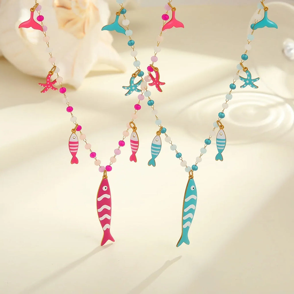 Vacation style beaded oil dripping fish stainless steel necklace with 18K electroplating, pink colour, adjustable chain