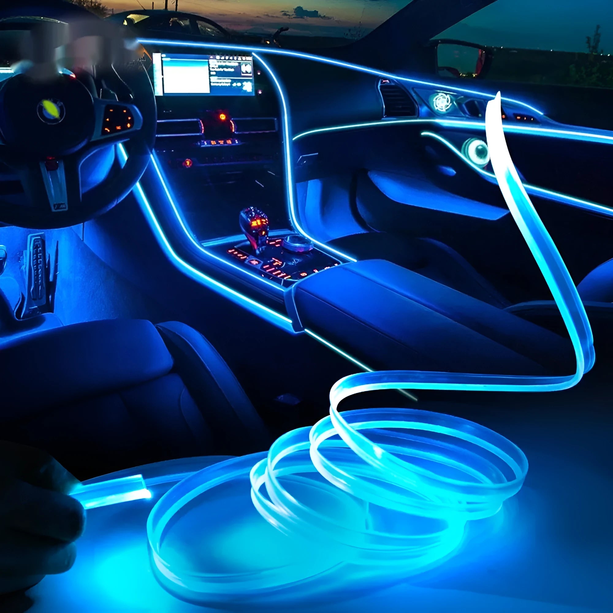 Universal car EL luminous ambience light strip with USB connector in colourful glowing demonstration