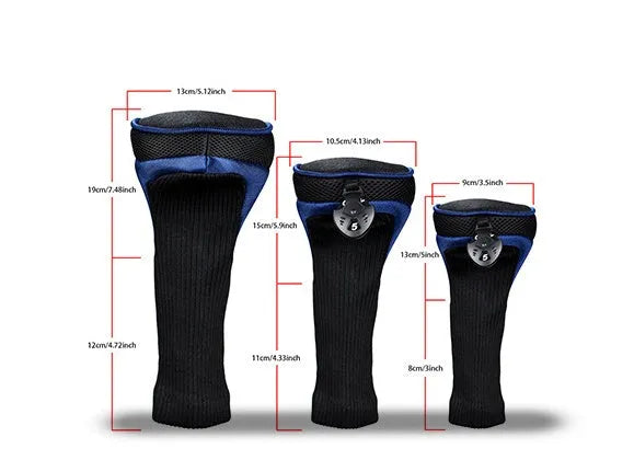 Set of six fabric golf club covers in blue black red and white colour combinations