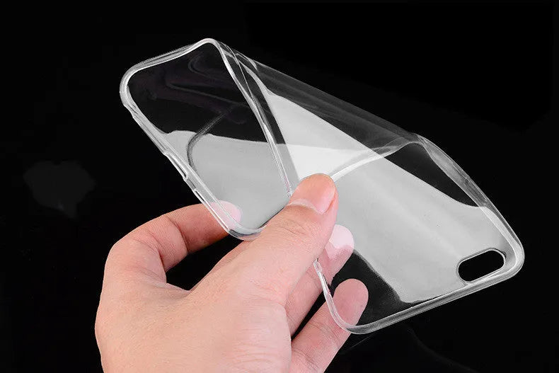 Transparent TPU mobile phone case showing iPhone compatibility from model 5 to 11 Pro Max