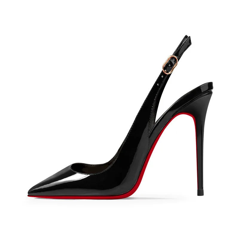 Women's black stiletto heel sandals with ankle-strap buckle and pointed toe design