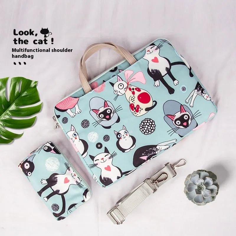 Cartoon Alien Cat print laptop bag in polyester with shoulder strap