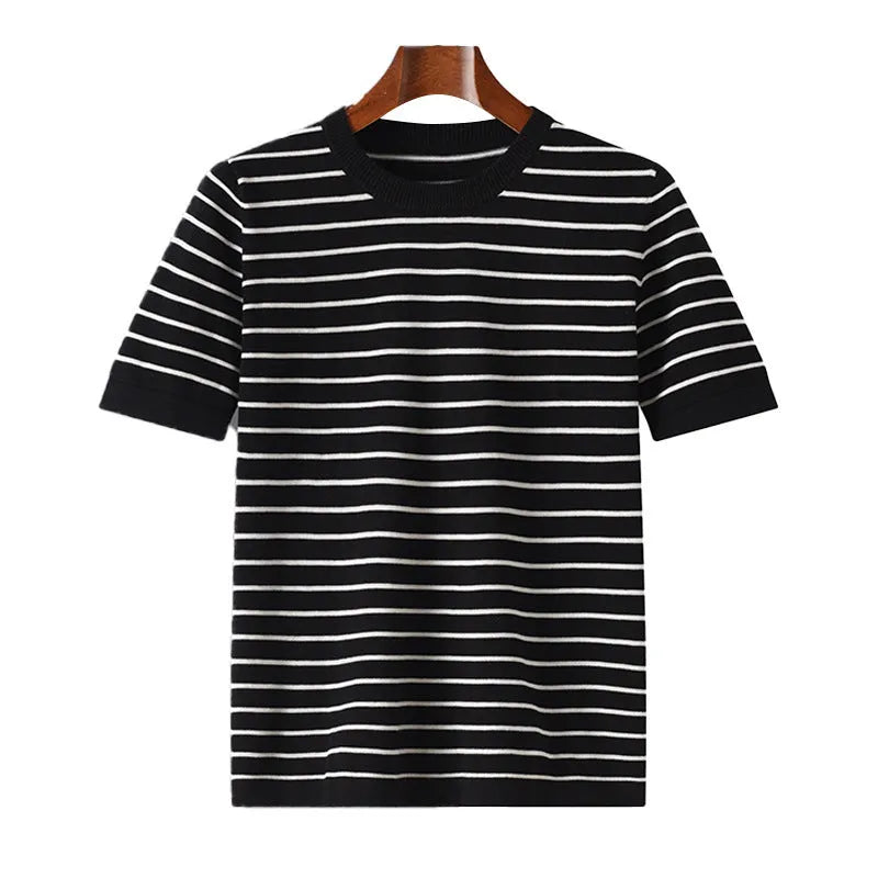 Men's pure cotton striped short sleeve t-shirt in black, gold camel, and gray available in sizes S to XXXL