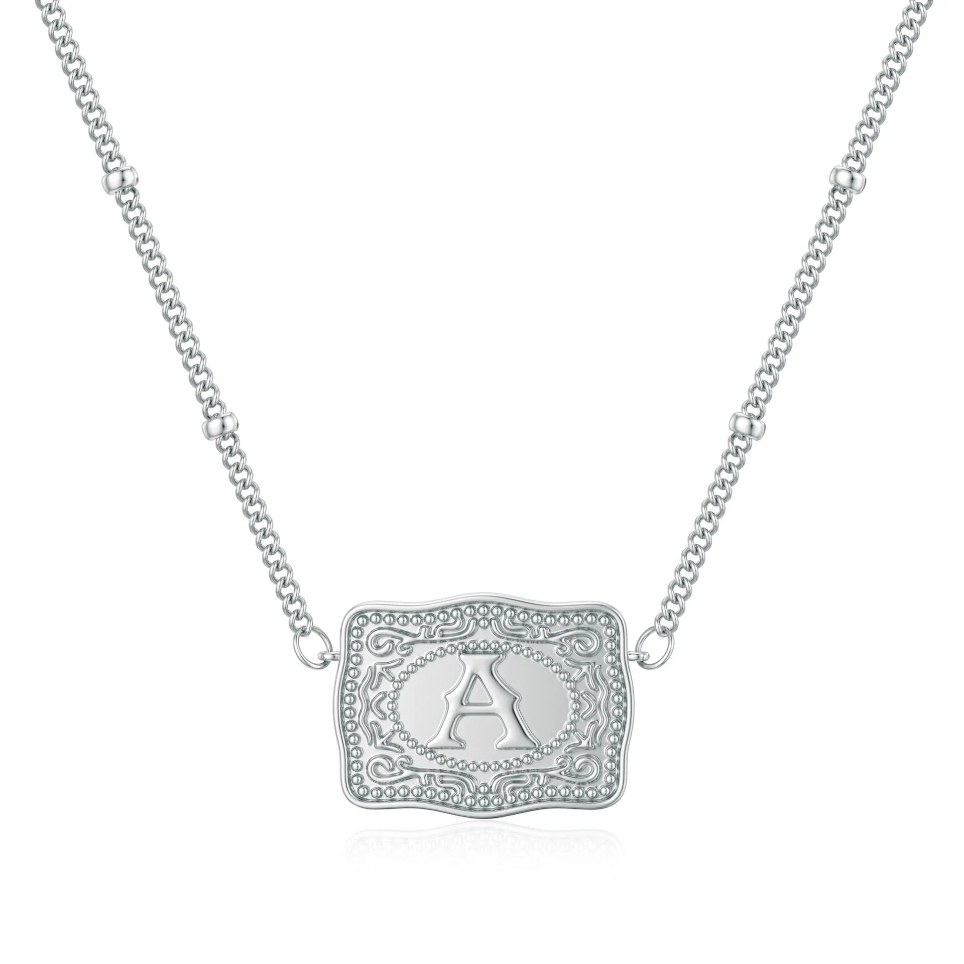 Copper alphabet letter necklace with electroplated gold or white K finish showing personalised letter pendant
