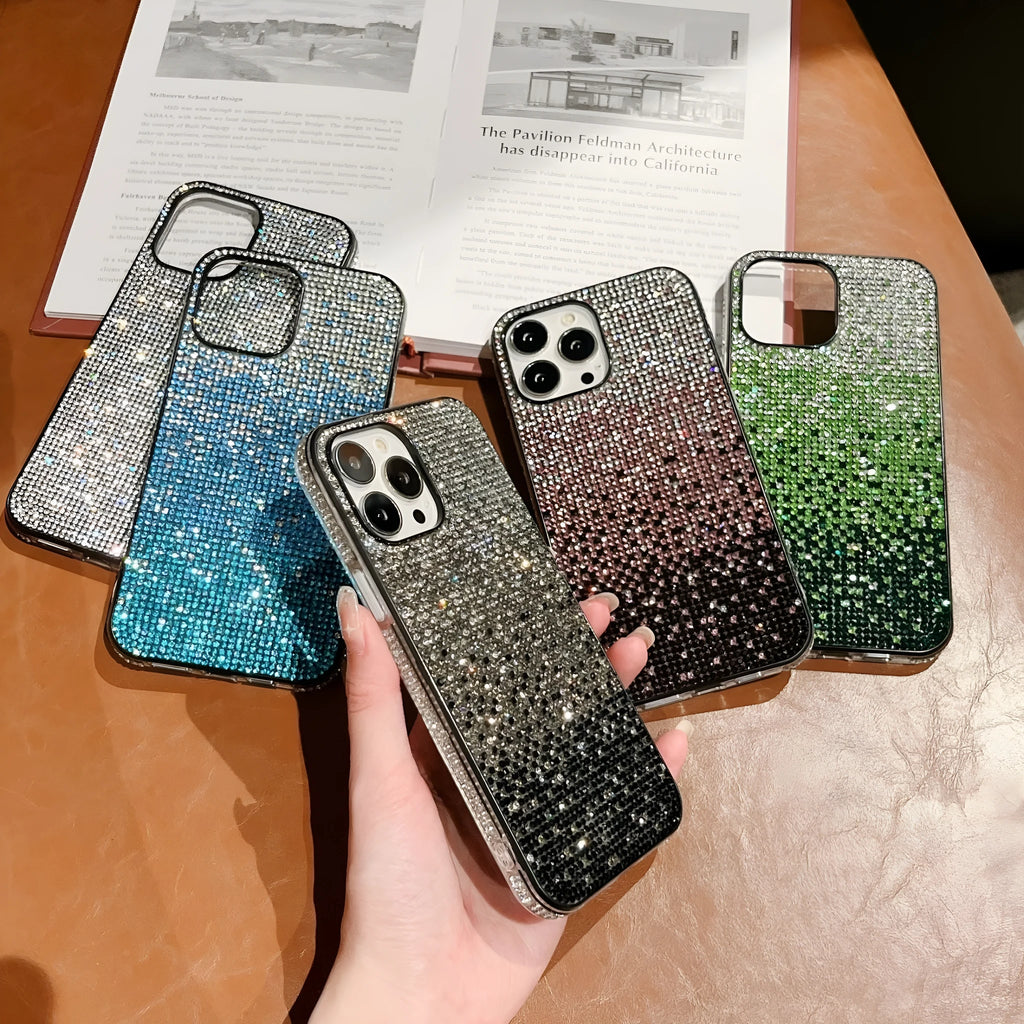 Gradient edge drill phone case for Apple iPhone with rhinestone accents and TPU PC construction