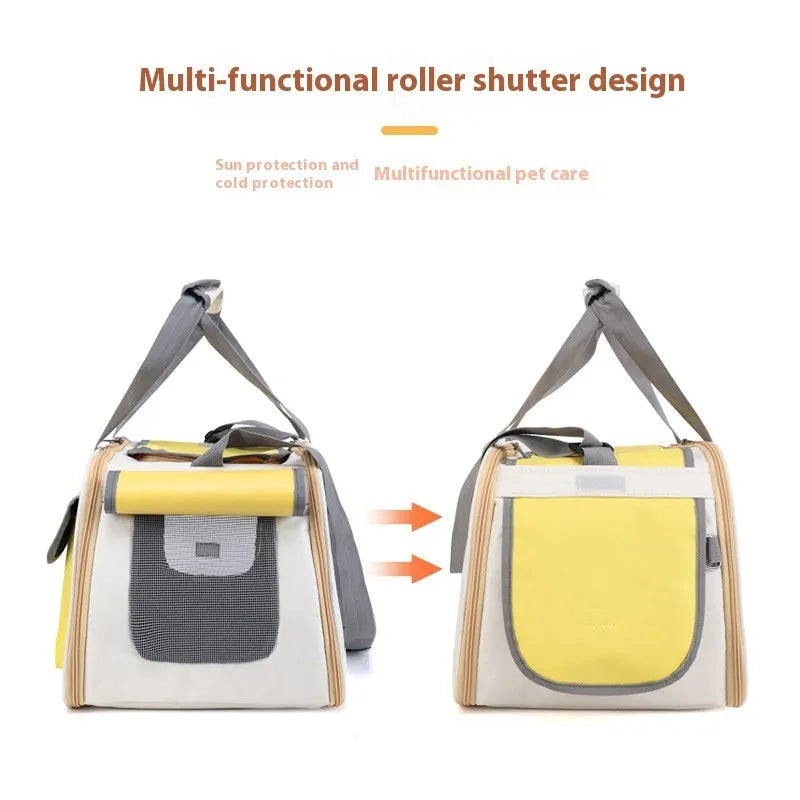 Canvas pet shoulder bag folded showing black, green and yellow colour options