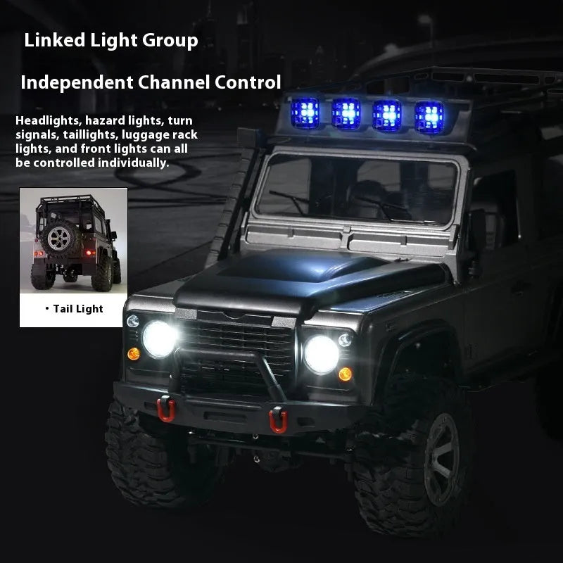 Four-wheel drive off-road RC car with controllable headlight, black, plastic body, with controller and camera on display