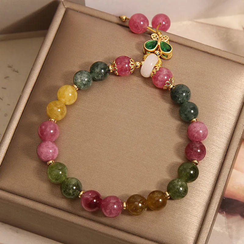 Butterfly pendant bracelet with colourful tourmaline gemstones in alloy setting and rhinestone accents