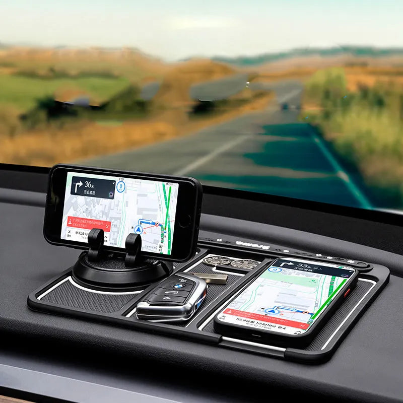 Non-slip car phone pad in black with red edge, showing 4-in-1 functions including phone holder and aromatherapy holes