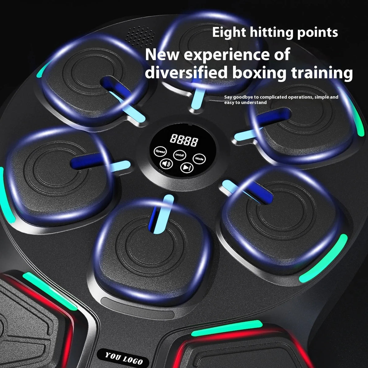 Black wall-mounted smart music boxing machine with PU 8-target double angle double light design and adult half finger gloves