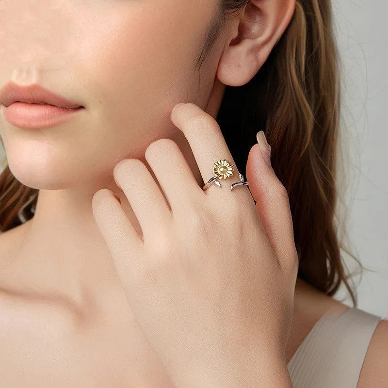 S925 sterling silver sunflower ring with adjustable opening in pastoral style for women