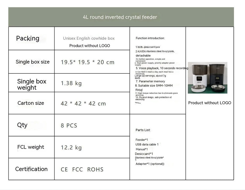 4L automatic pet feeder for dogs and cats, black or white transparent, button or WIFI control