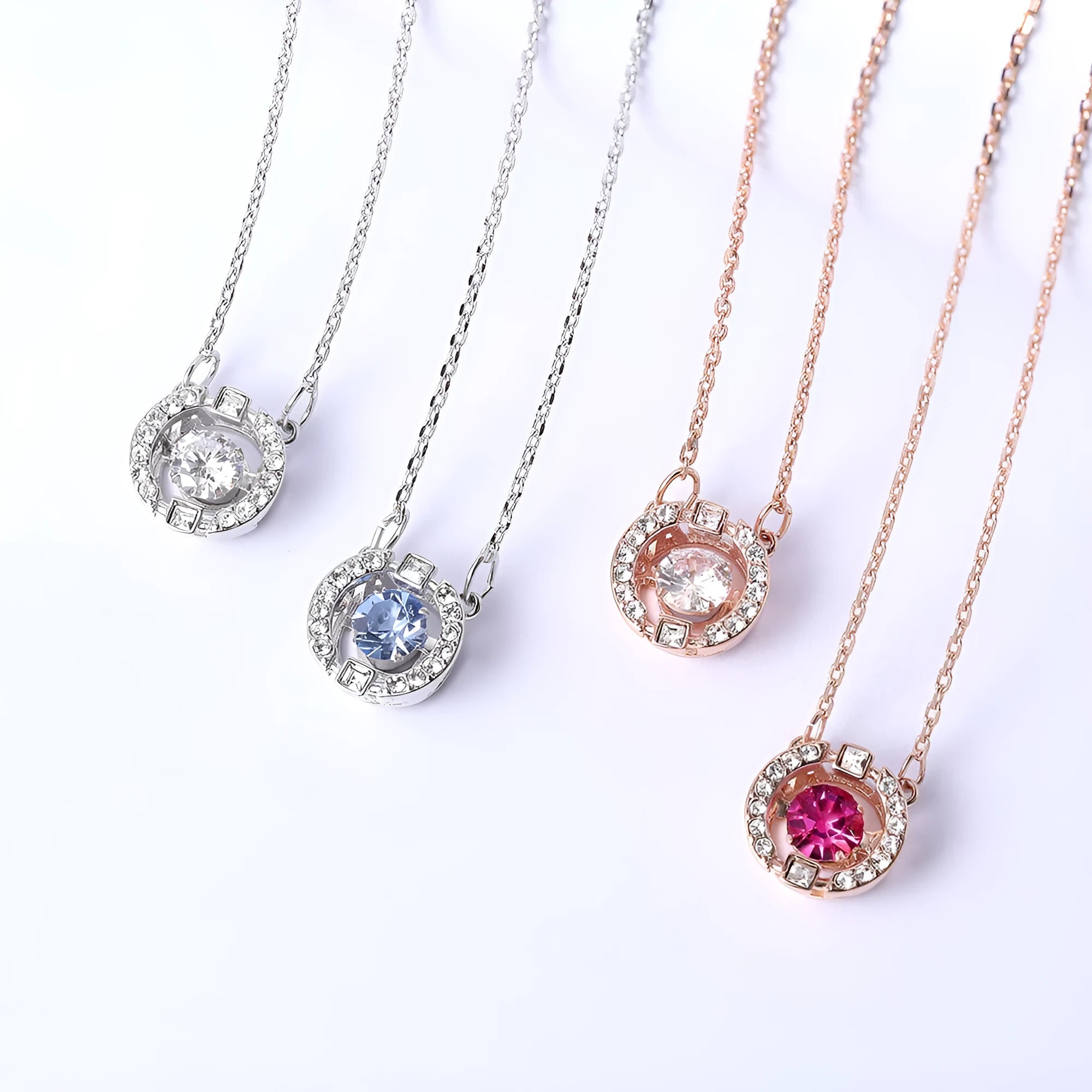 Crown necklace pendant with rhinestone stones on copper base, cross chain, geometric shape, available in four colour variants