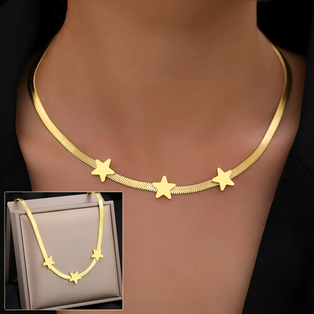 Gold gothic star pendant choker necklace on titanium steel snake chain, 41-50cm adjustable length.