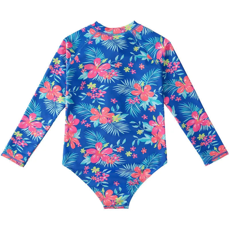 Girl's long sleeve one piece swimsuit in a briefs style on a hanger.